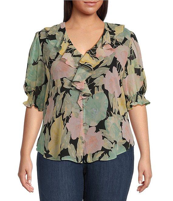 Lauren Ralph Lauren Plus Size Floral Crinkle Georgette Ruffle Trim Blouse Product Image