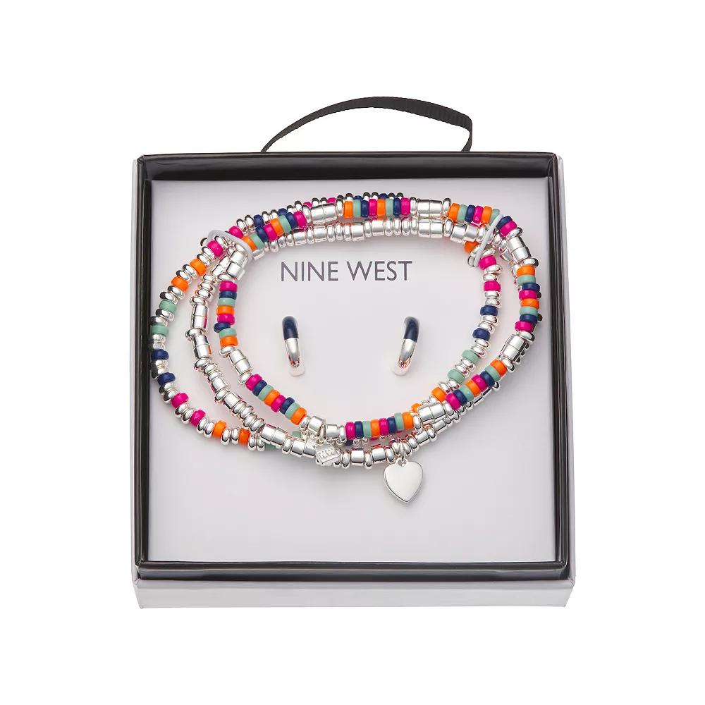 Nine West Silver Tone 3-Row Beaded Heart Bracelet & Stud Earrings Set, Women's, Multi Product Image