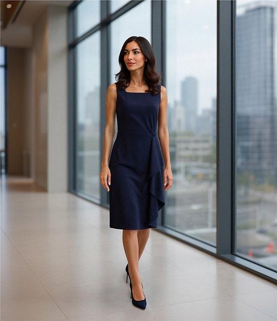 Investments Scuba Crepe Sleeveless Square Neck Faux Wrap Ruffle Sheath Midi Dress Product Image
