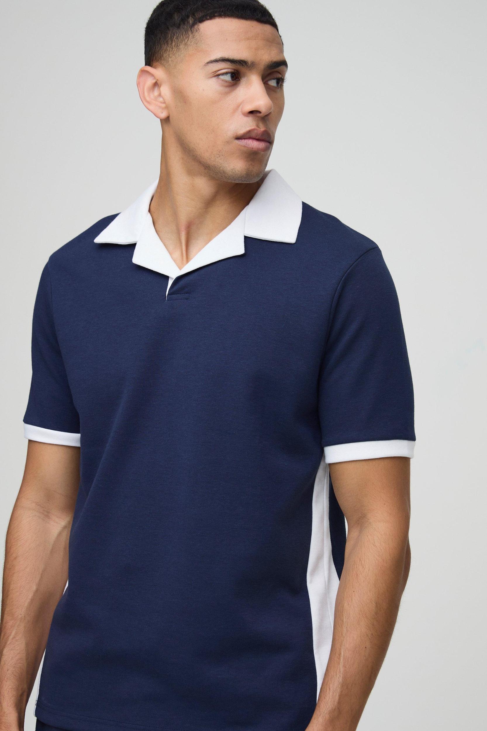 Regular Fit Revere Collar Interlock Polo Shirt | boohooMAN USA Product Image