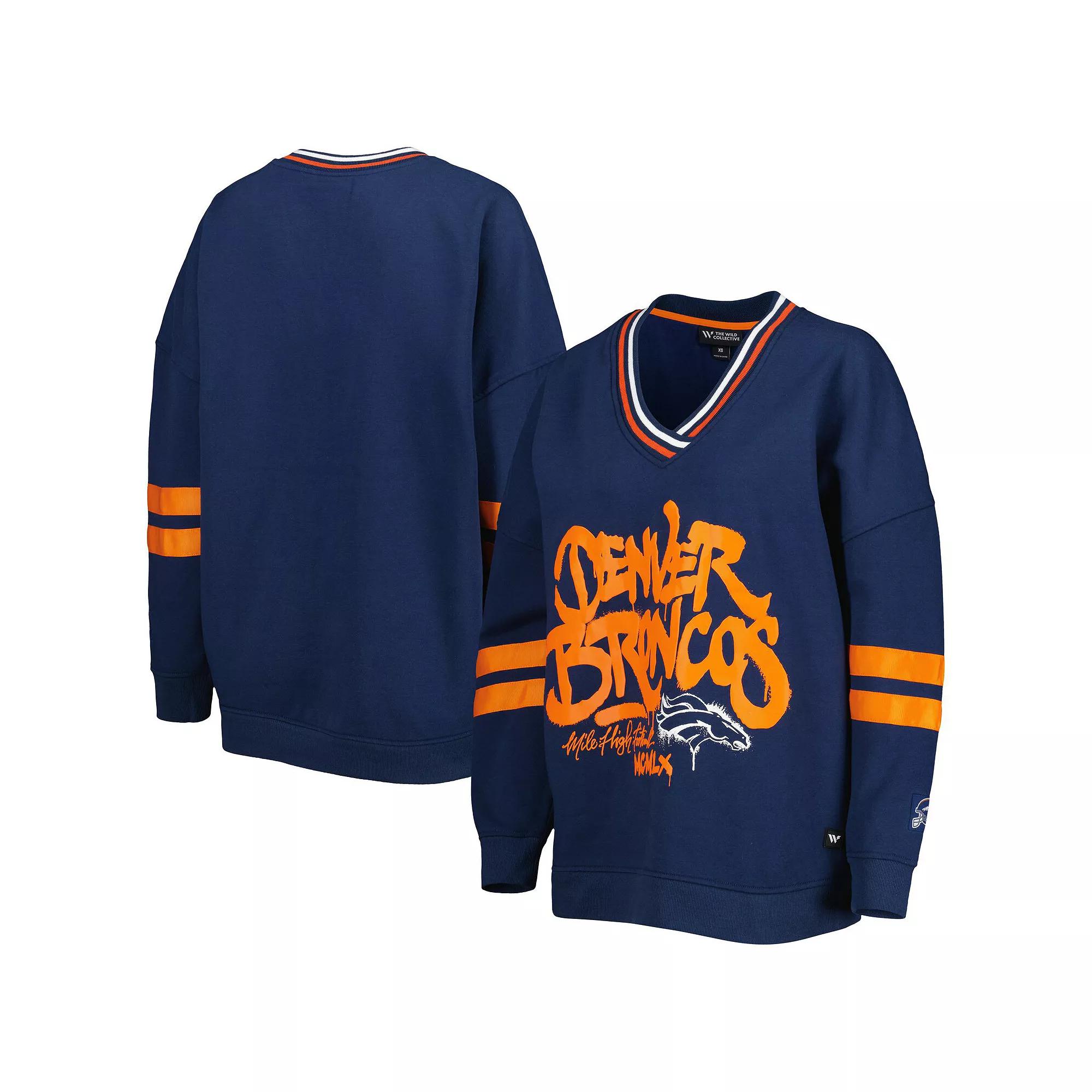 Women's The Wild Collective Navy Denver Broncos Vintage V-Neck Pullover Sweatshirt,  Product Image