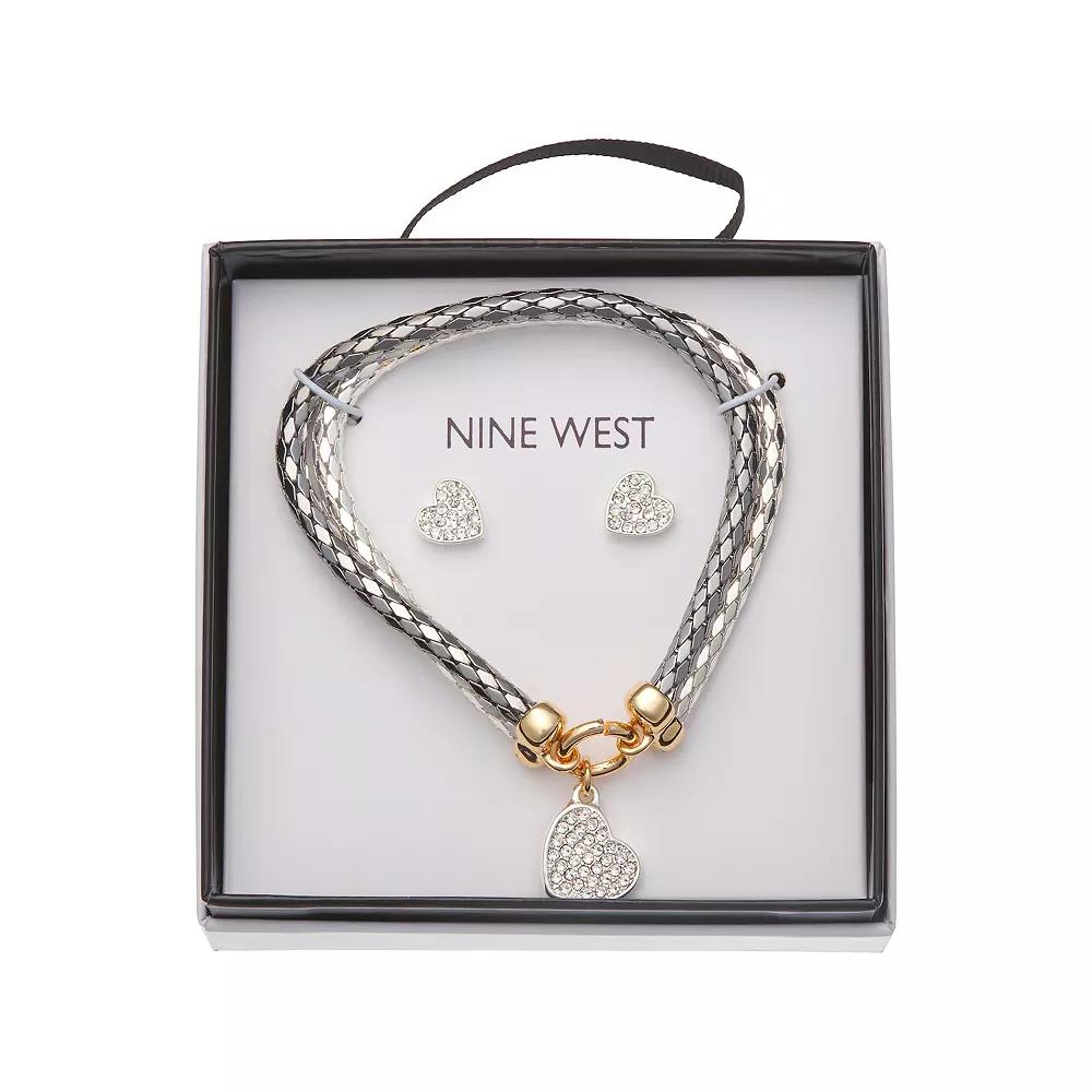 Nine West Tri-Tone 2-Row Pave Heart Bracelet & Heart Stud Earrings Set, Women's, Multi Product Image
