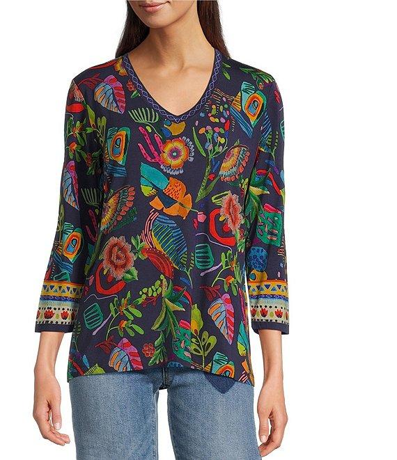 JOHNNY WAS Janie Favorite Farout Floral Scarf Print Bamboo Knit V-Neck 3/4 Sleeve Tee Product Image