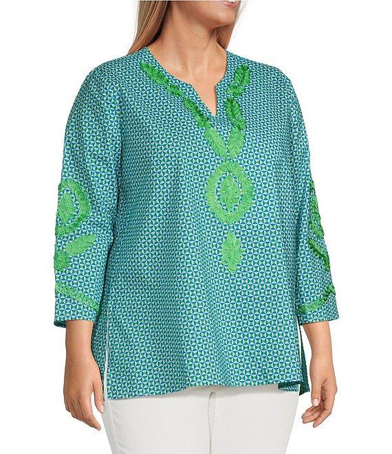 Calessa Plus Size Embroidered Retro Printed Split V-Neck 3/4 Sleeve Tunic Product Image