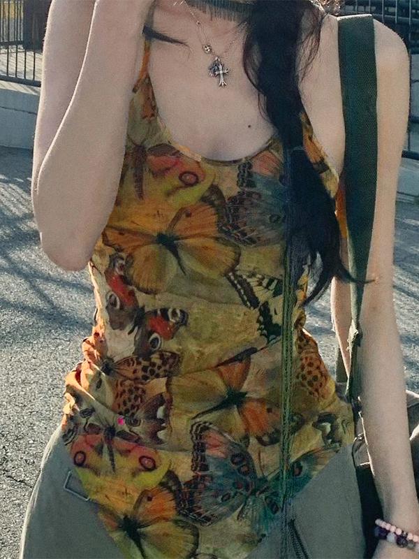 Mesh Butterfly Print Slim Fit Cami Top Product Image