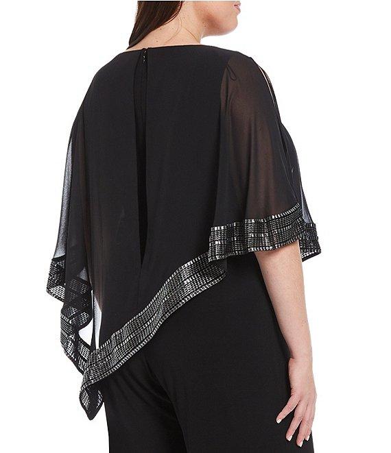 Ignite Evenings Plus Size Foil Trim Round Neck Asymmetric Cape 3/4 Sleeve Jumpsuit Product Image