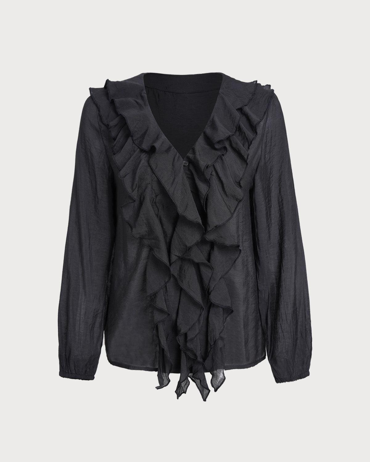 Black V Neck Ruffle Loose Shirt Product Image