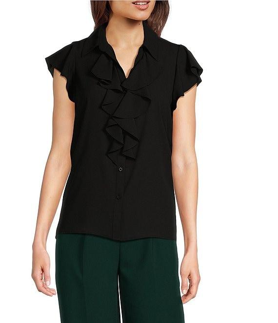 Calvin Klein Georgette Ruffle-Front Point Collar Short Sleeve Top Product Image