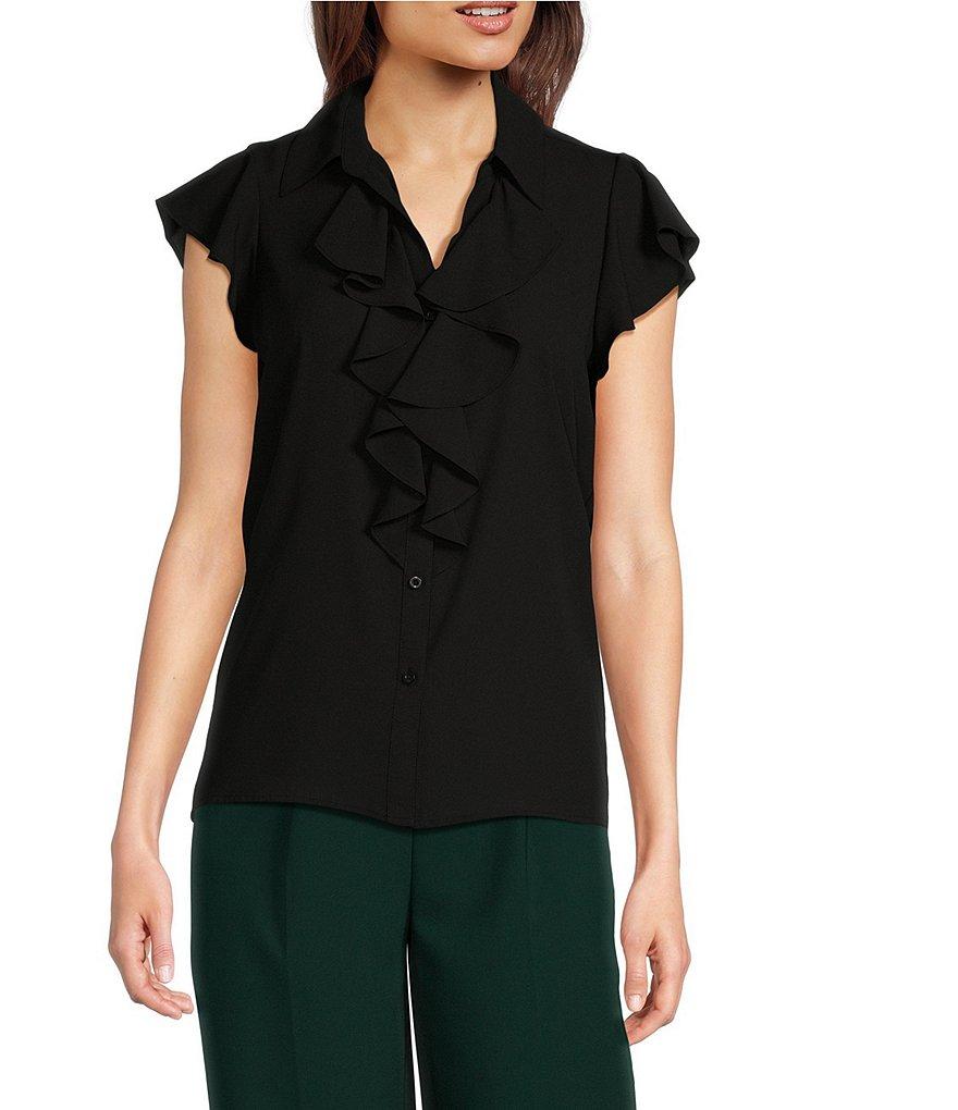 Calvin Klein Georgette Ruffle-Front Point Collar Short Sleeve Top Product Image