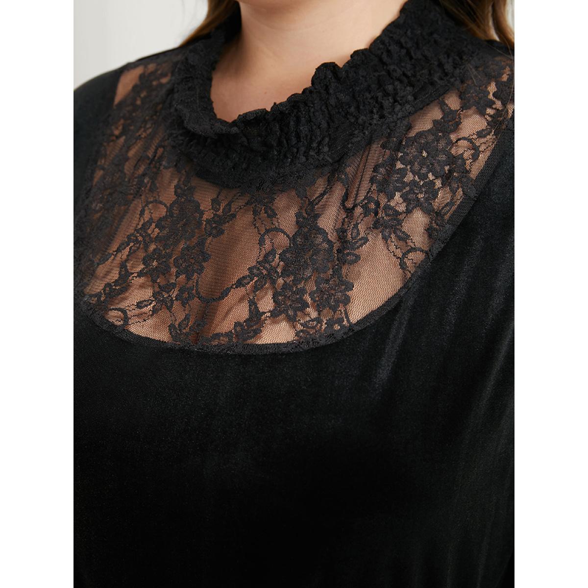 Plus Size Solid Lace Pocket Velvet Shirred Mock Neck Flutter Dress Black Women Glamour Patchwork Mock Neck Long Sleeve Curvy Midi Dress BloomChic 14-16/1X Product Image
