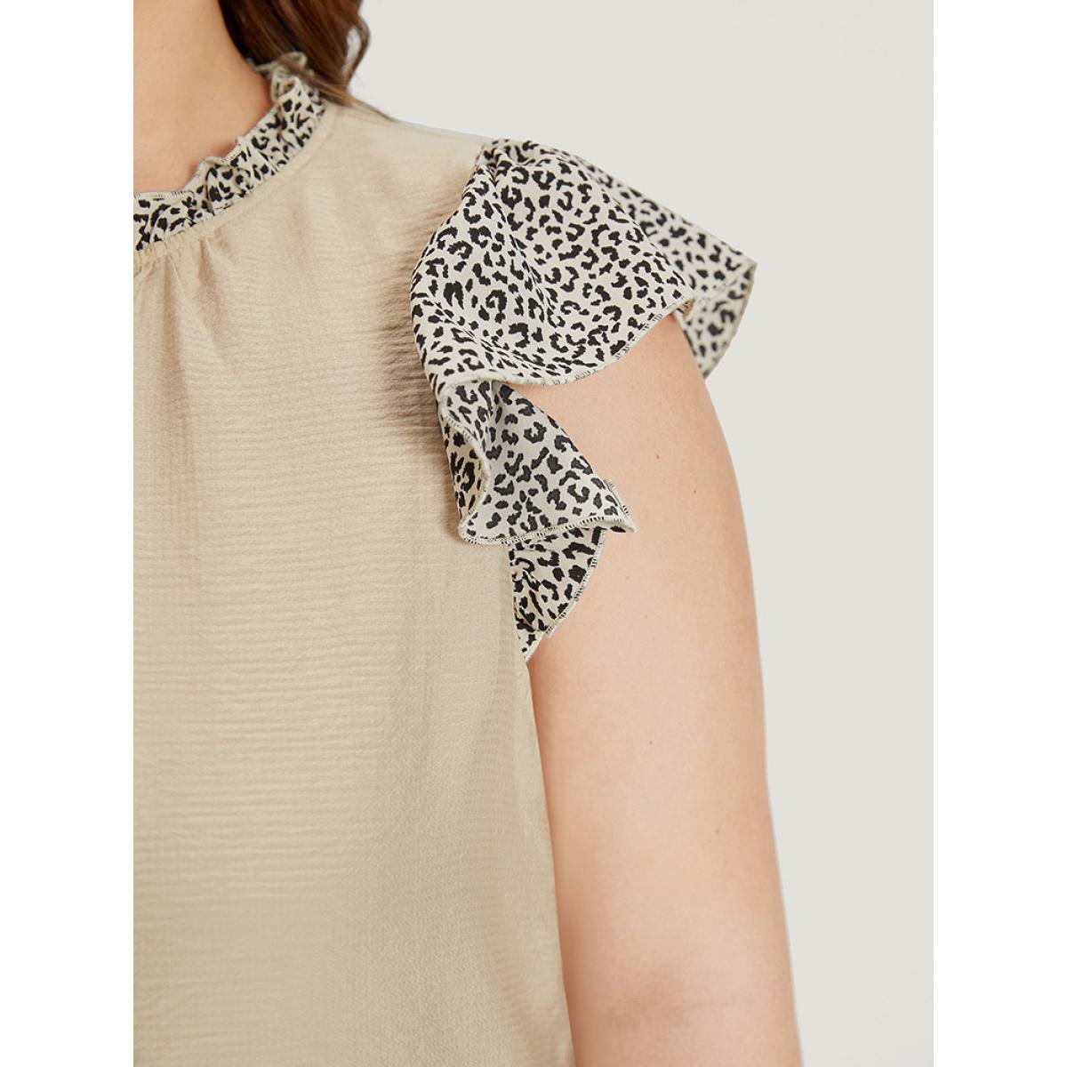 Plus Size Apricot Leopard Patchwork Halter Frill Trim Flutter Sleeve Blouse Women Elegant Cap Sleeve Halter neck Dailywear Blouses BloomChic 14-16/1X Product Image