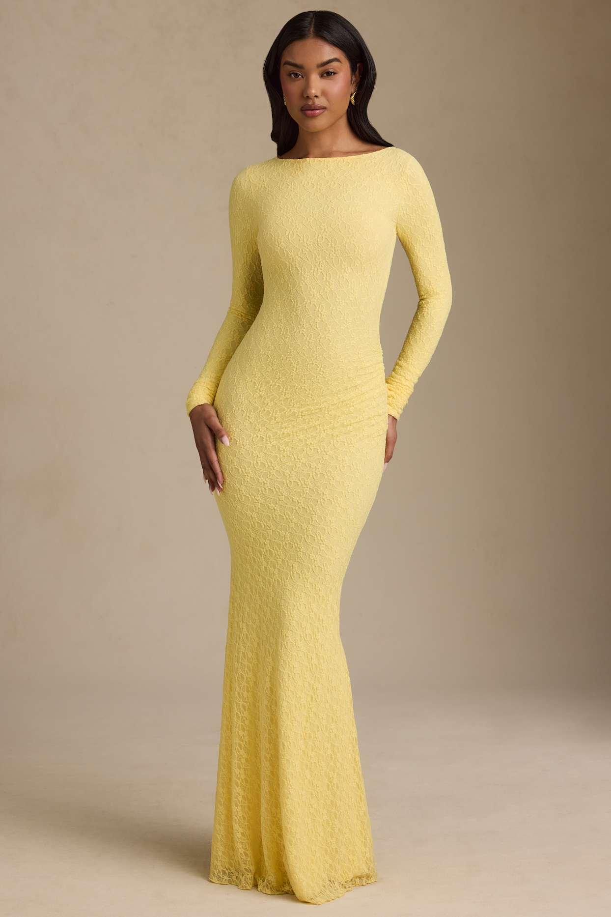 Ruched Backless Lace Maxi Dress in Pastel Yellow Product Image