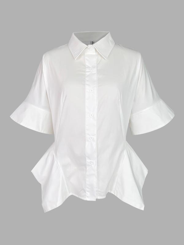 Half Sleeves Loose Buttoned Solid Color Lapel Blouses&Shirts Tops Product Image