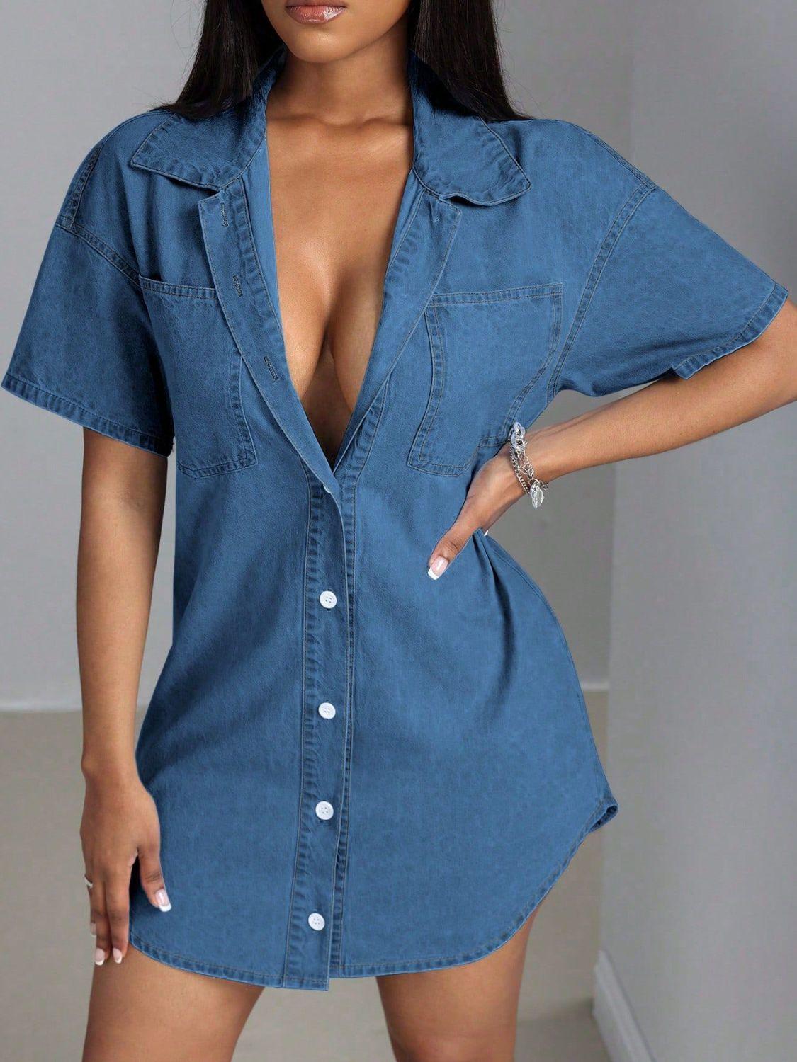 Button Down Collared Neck Denim Dress Product Image