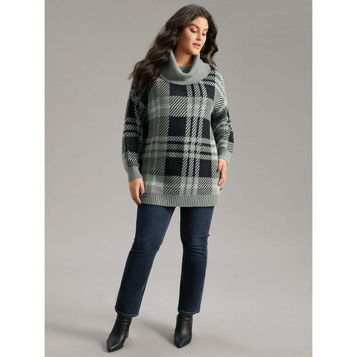 Plus Size Plaid Turtle Neck Drop Shoulder Pullover Multicolor Women Casual Loose Long Sleeve Turtleneck Dailywear Pullovers BloomChic 26/4X Product Image