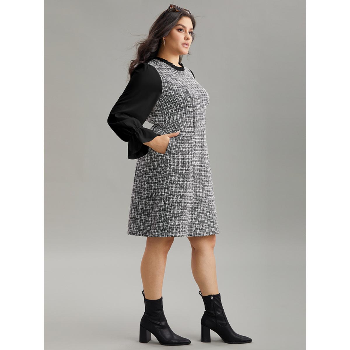 Plus Size Plaid Patchwork Ruffle Trim Knee Dress Black Women Office Texture Mock Neck Long Sleeve Curvy Knee Dress BloomChic 10/M Product Image