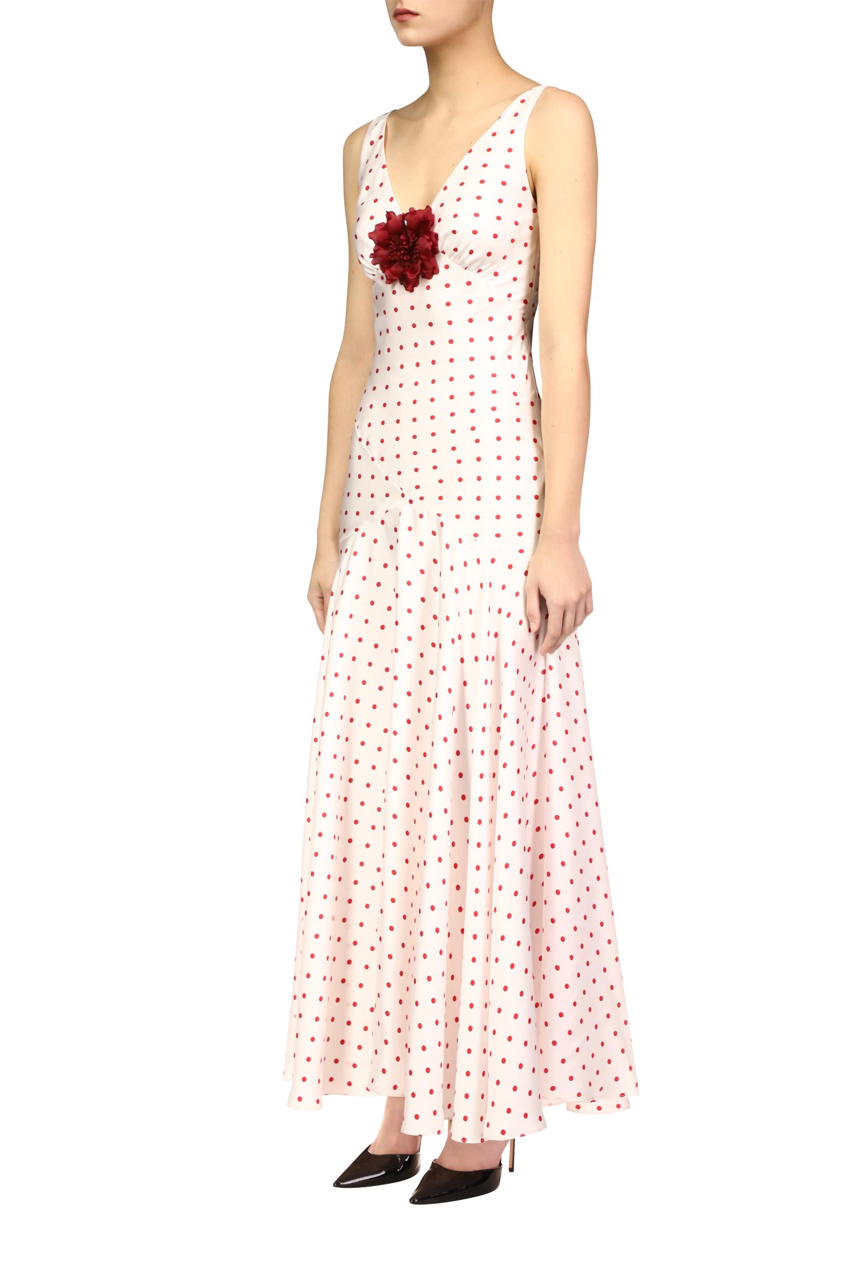 Red Polka Dot Silk Twill Bias Dress With Flower Detail Product Image