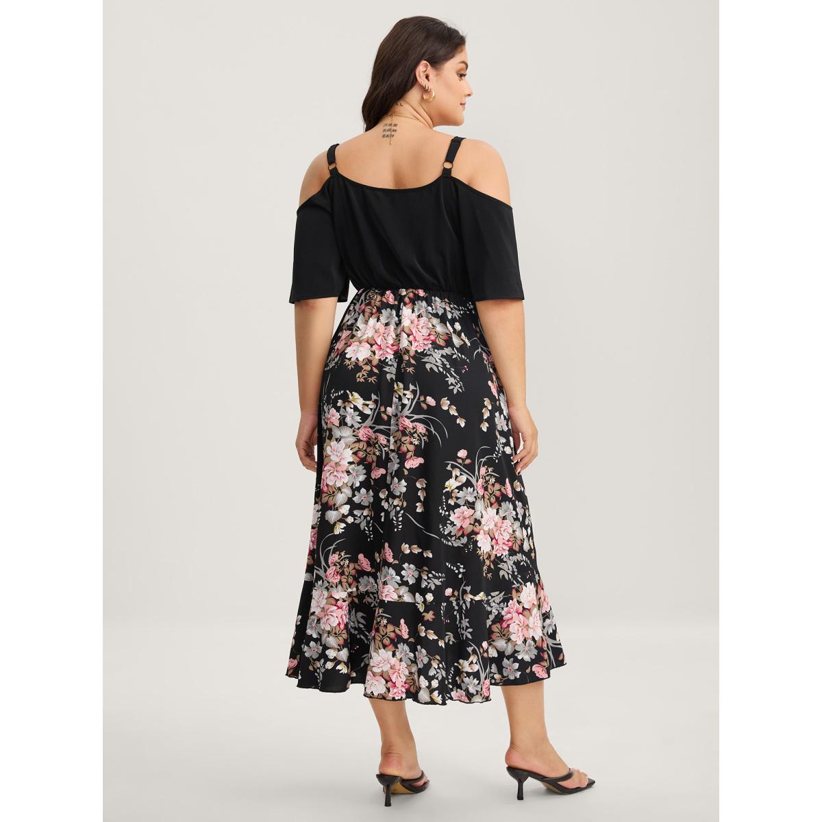 Plus Size Floral Print Overlap Hem Ruffled Midi Dress Black Women Romantic One-shoulder neck Short sleeve Curvy BloomChic 26/4X Product Image