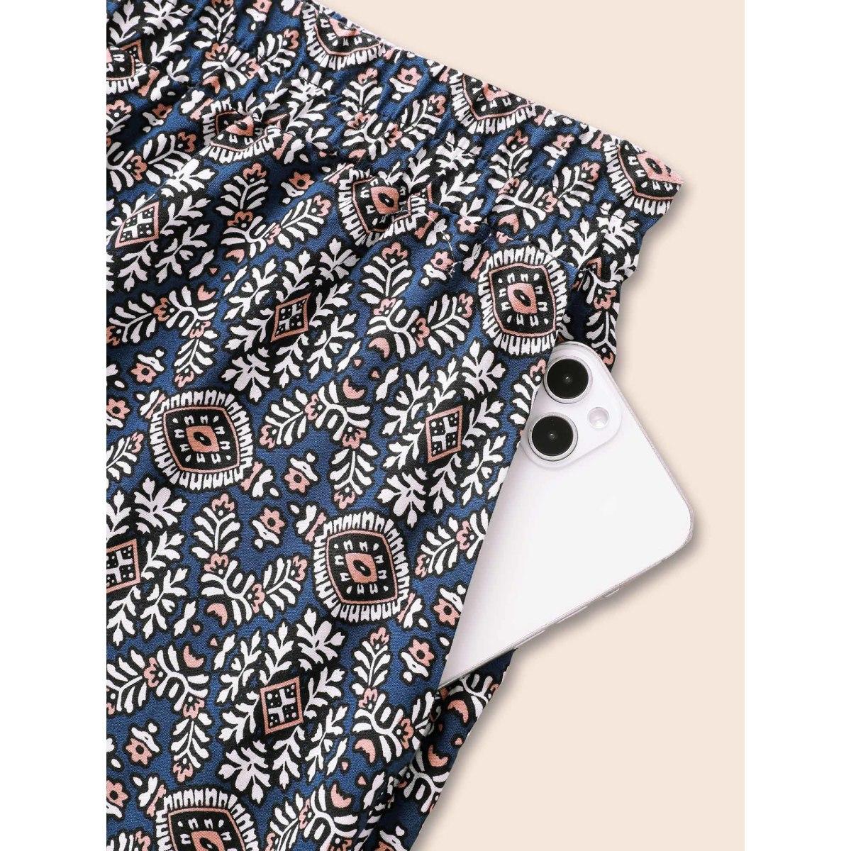 Plus Size Boho Print Elastic Waist Wide Leg Pants Women Indigo Resort Wide Leg Mid Rise Vacation Pants BloomChic 30/6X Product Image