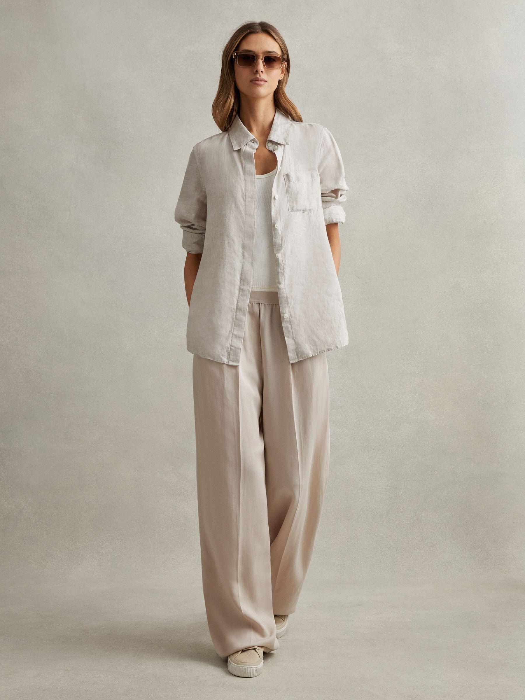 Lyocell-Linen Wide Leg Trousers in Oatmeal Product Image
