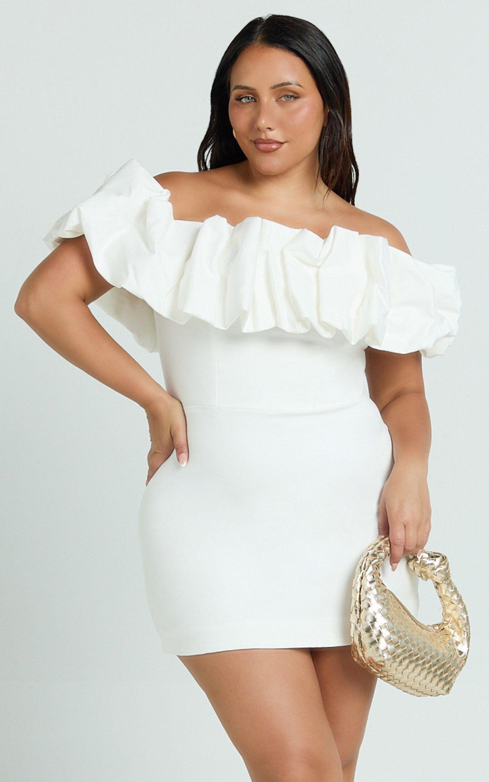 Coraline Mini Dress - Ruffle Off Shoulder Fitted Dress in White Product Image