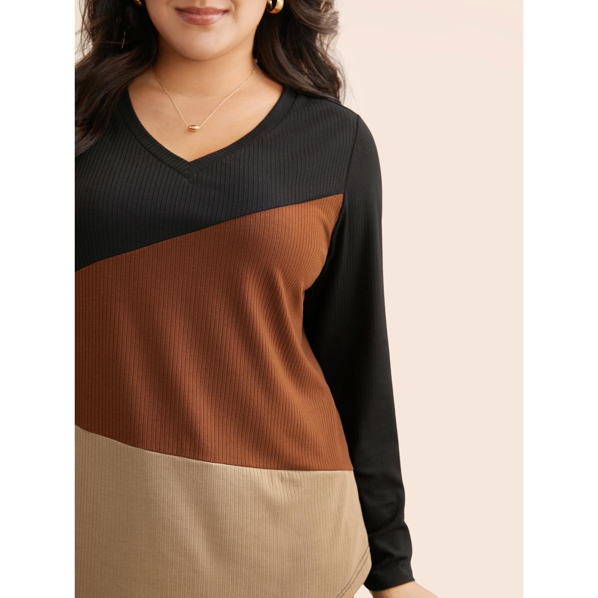 Plus Size V Neck Contrast Patchwork Rib Knit T-shirt Multicolor Women Casual Contrast V-neck Everyday T-shirts BloomChic 22-24/3X Product Image