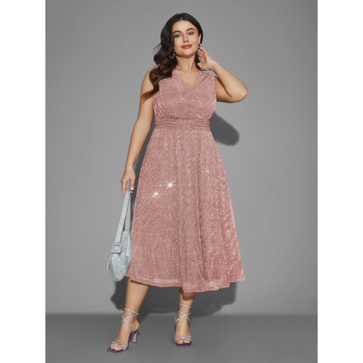 Plus Size Sequin Surplice Neckline Sleeveless Midi Dress Beanpastepowder Women Cocktail Texture Party Curvy Bloomchic 28/5X Product Image