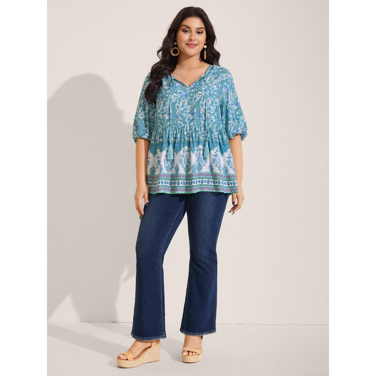 Plus Size Turquoise Boho Floral Print Color Contrast Blouse Women Boho Elbow-length sleeve V-neck Vacation Blouses BloomChic 18-20/2X Product Image