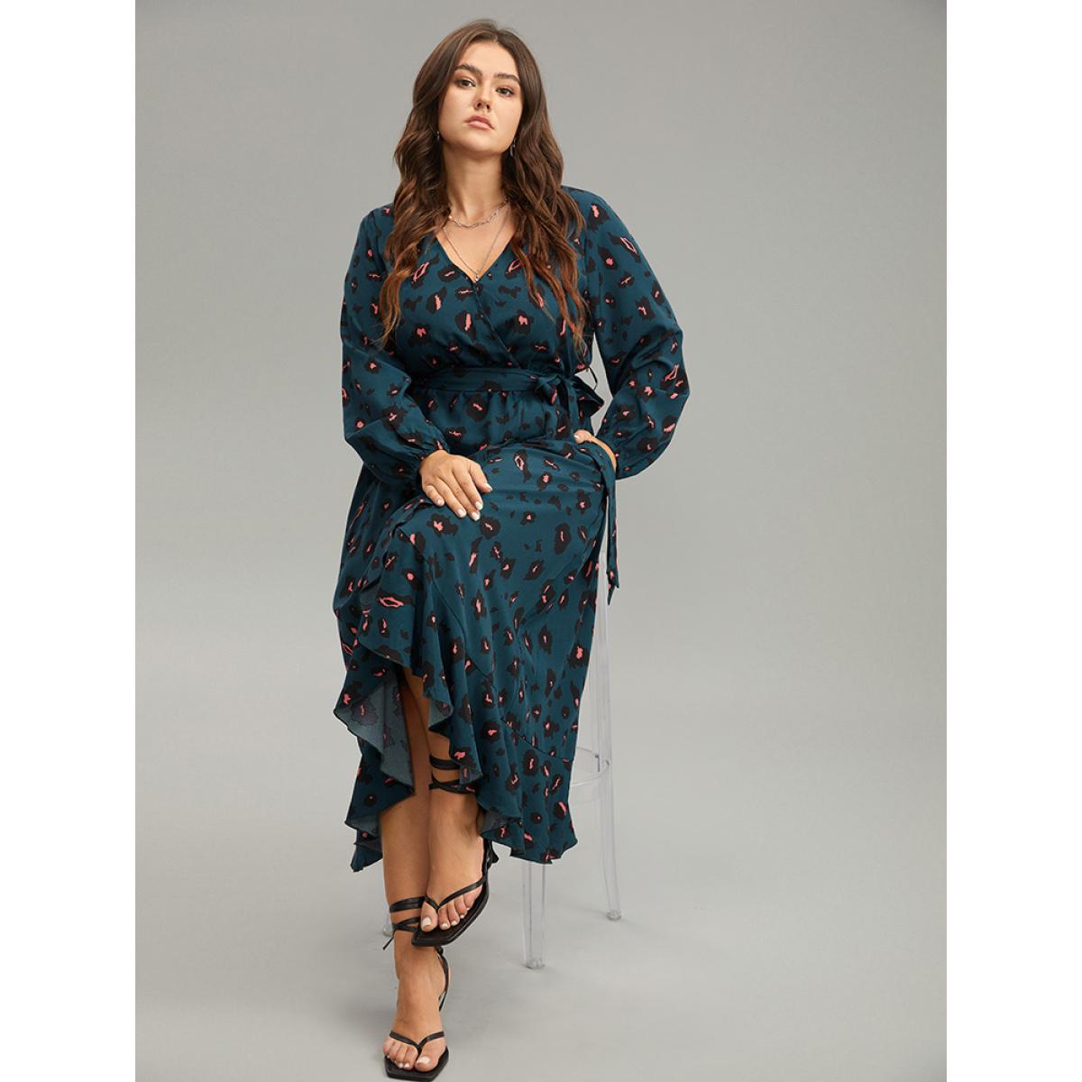 Plus Size Allover Print Surplice Neck Flutter Trim Dress DarkSlateGray Women Elegant Elastic cuffs V-neck Long Sleeve Curvy Midi Dress BloomChic 18-20/2X Product Image