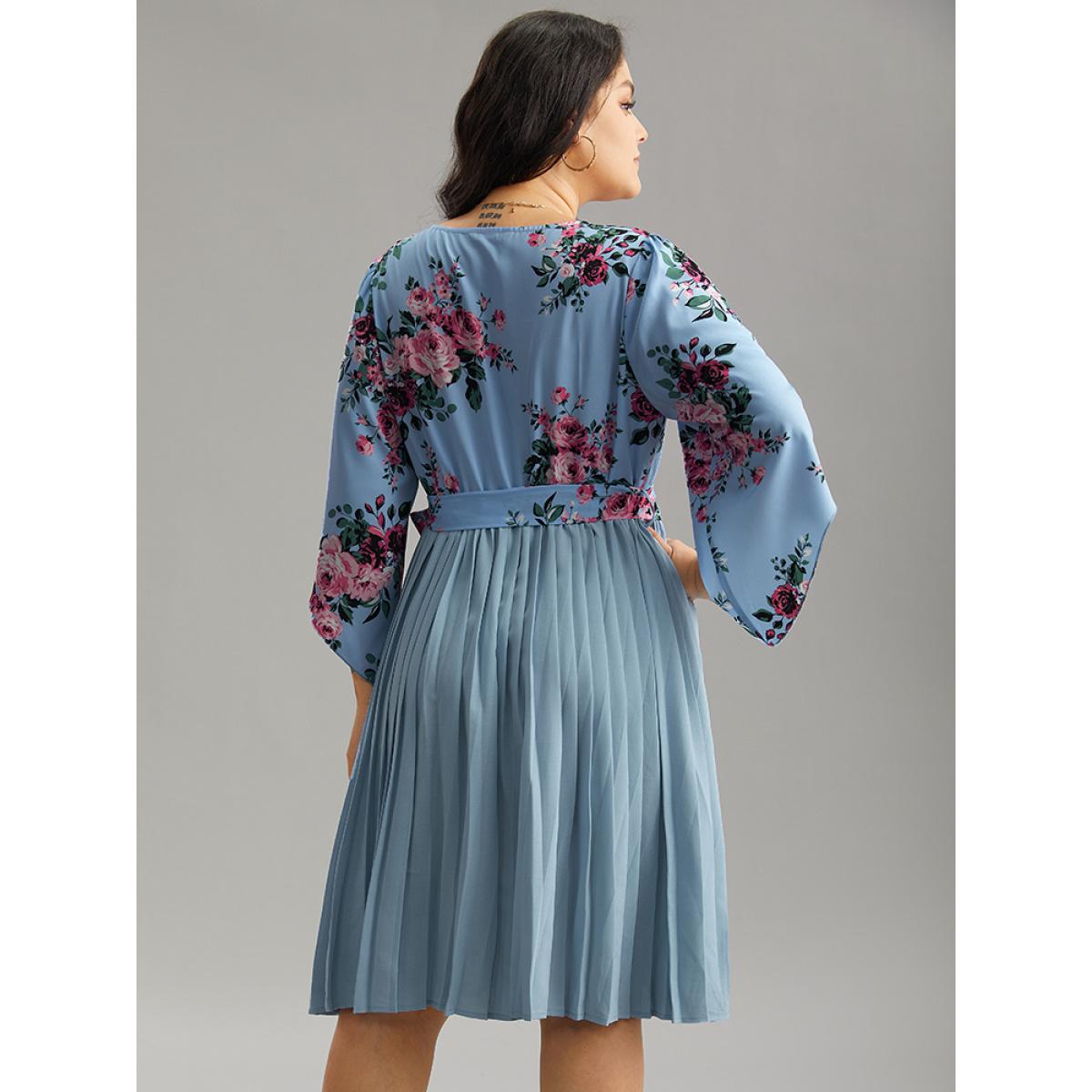 Plus Size Floral Print Bell Sleeve Belted Pleated Hem Dress LightBlue Women Elegant Wrap Overlap Collar Elbow-length sleeve Curvy Knee Dress BloomChic 18-20/2X Product Image