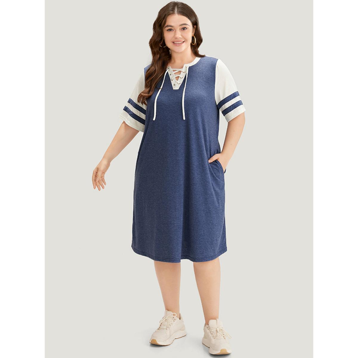 Plus Size Supersoft Essentials Striped Pocket Patchwork Lace Up Dress Indigo Women Casual Cross straps V-neck Short sleeve Curvy Knee Dress BloomChic 22-24/3X Product Image
