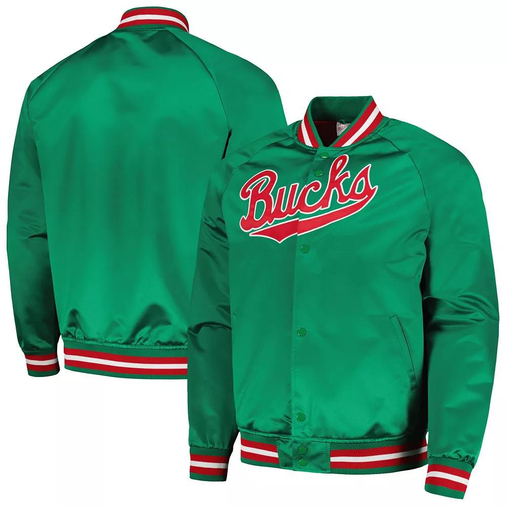 Men's Mitchell & Ness Green Milwaukee Bucks Hardwood Classics Throwback Wordmark Raglan Full-Snap Jacket,  Product Image