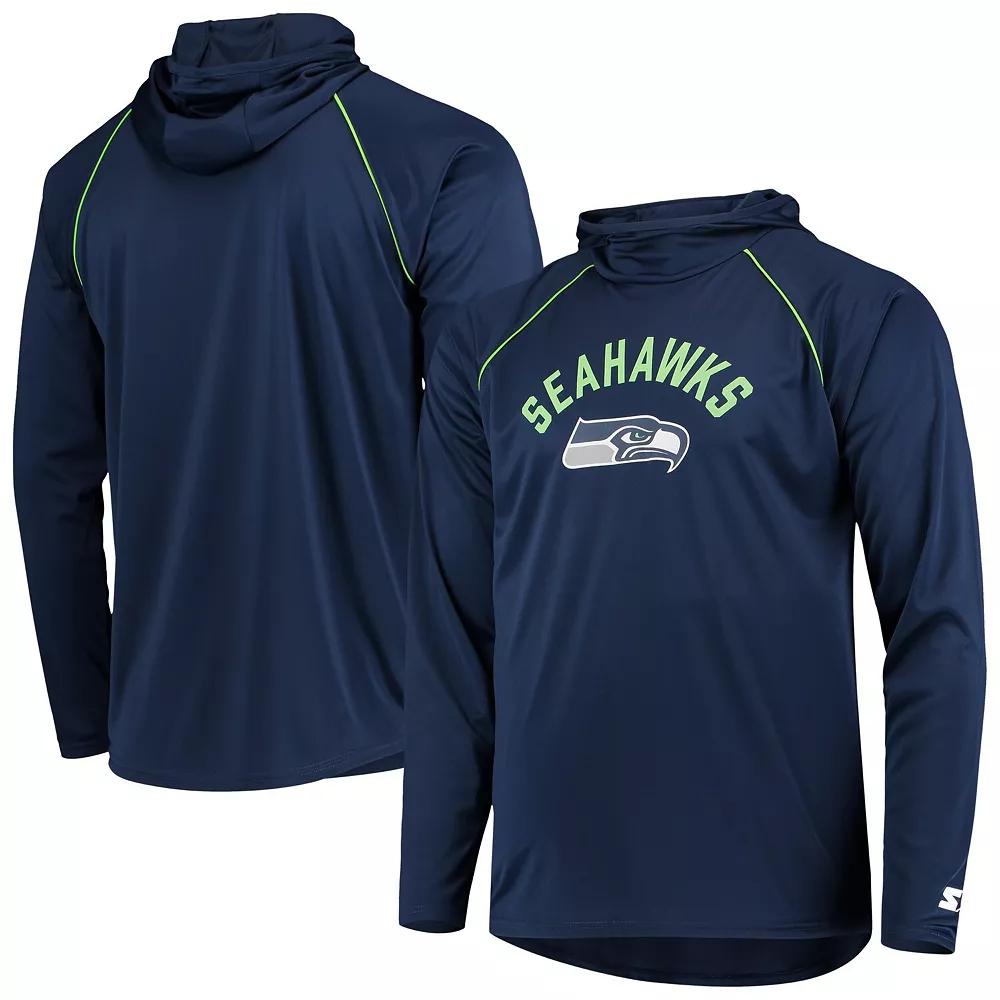 Men's Starter Navy Seattle Seahawks Raglan Long Sleeve Hoodie T-Shirt,  Product Image
