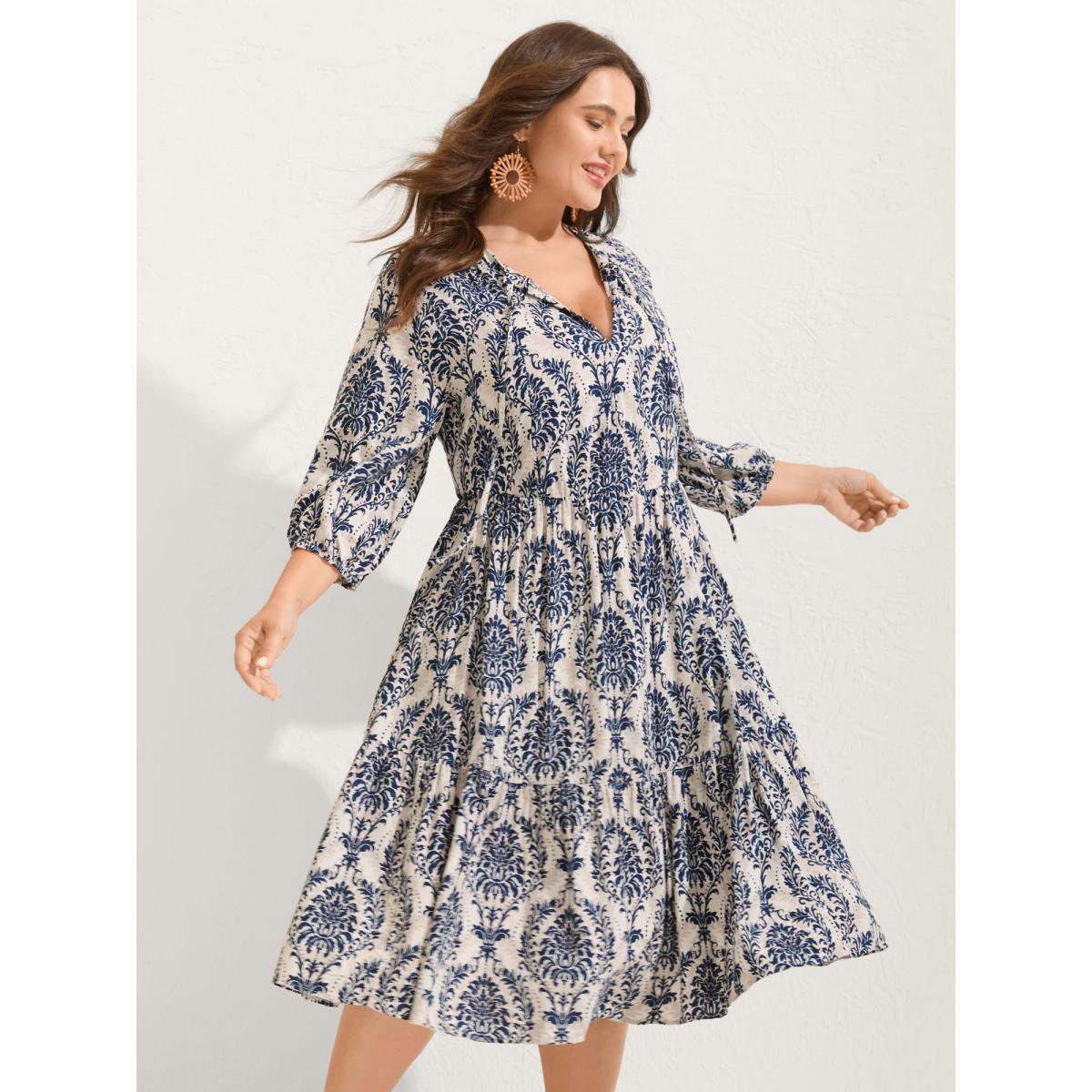 Plus Size Damask Print Tie Knot Puff Sleeve Dress DarkBlue Women Resort Tie knot V-neck Elbow-length sleeve Curvy BloomChic 22-24/3X Product Image