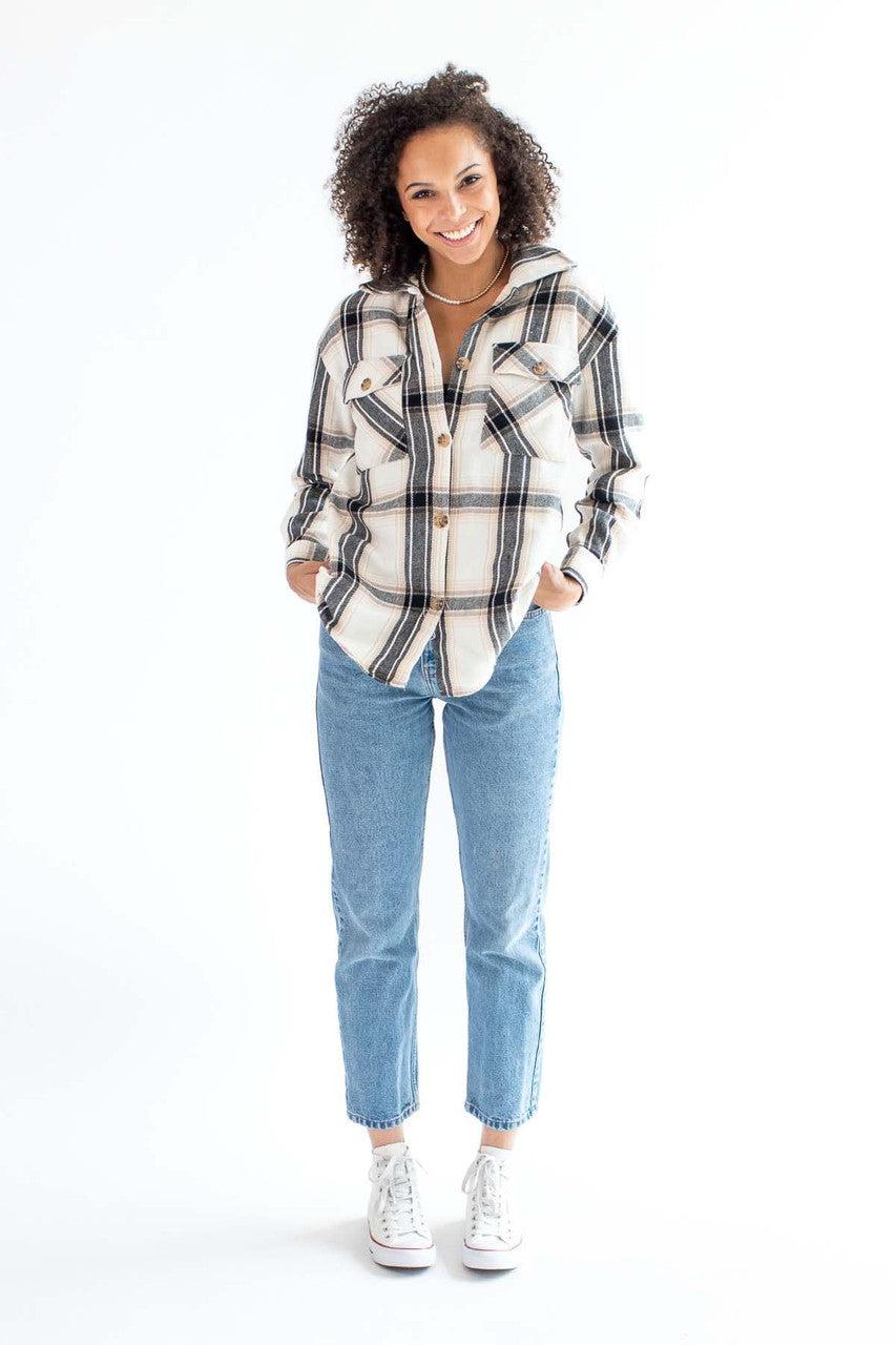 White & Black Oversized Plaid Shacket Product Image