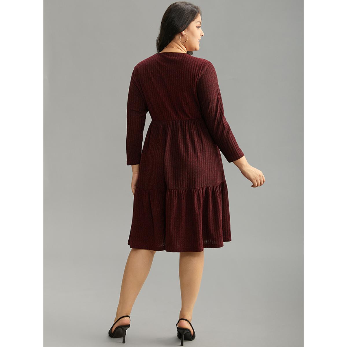 Plus Size Rib Knit Round Neck Ruffle Layered Hem Dress Raspberry Women Casual Texture Round Neck Long Sleeve Curvy Knee Dress BloomChic 10/M Product Image