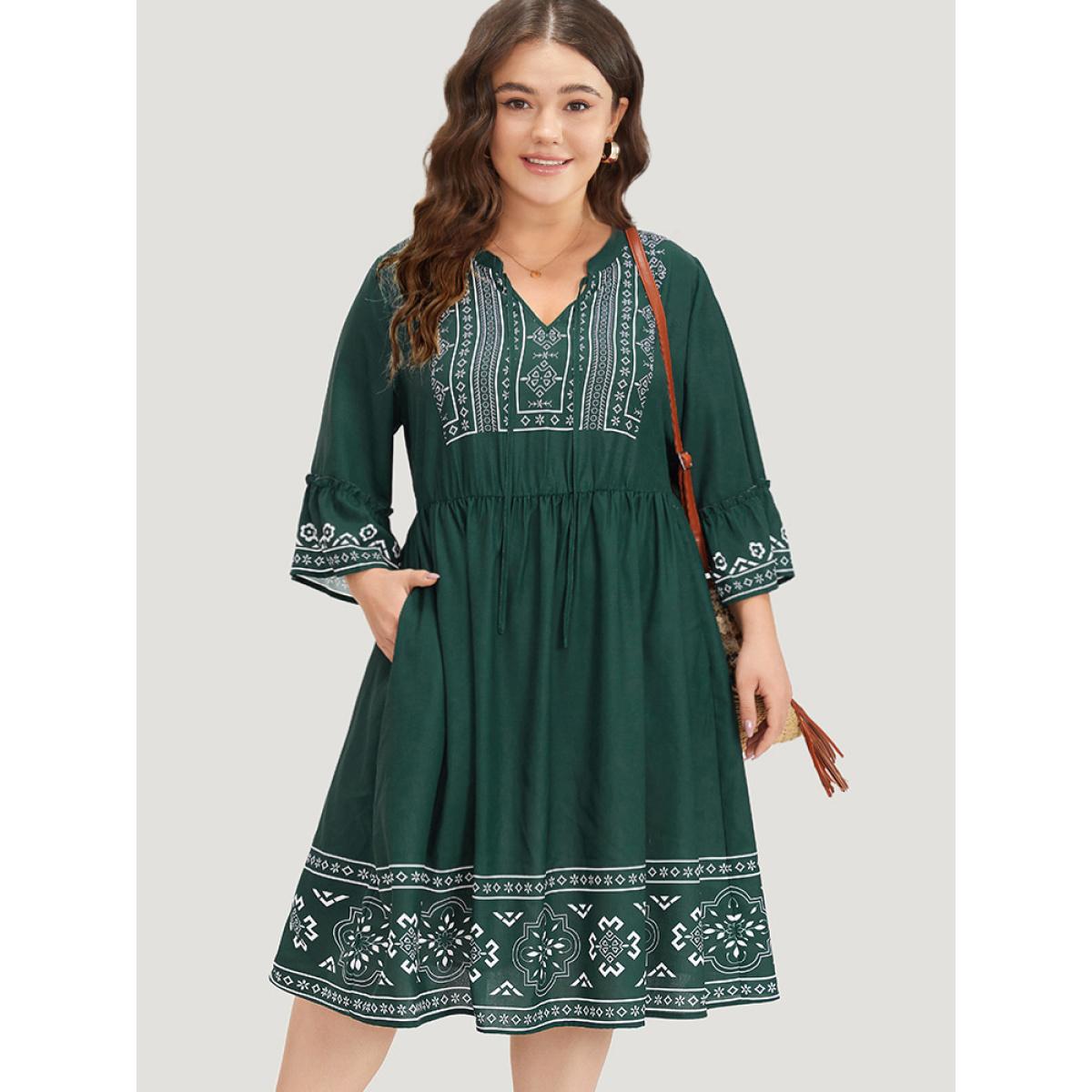 Plus Size Bandana Print Knot Neck Frill Trim Bell Sleeve Dress Black Women Vacation Cross straps Notched collar Half Sleeve Curvy Midi Dress BloomChic 30/6X Product Image