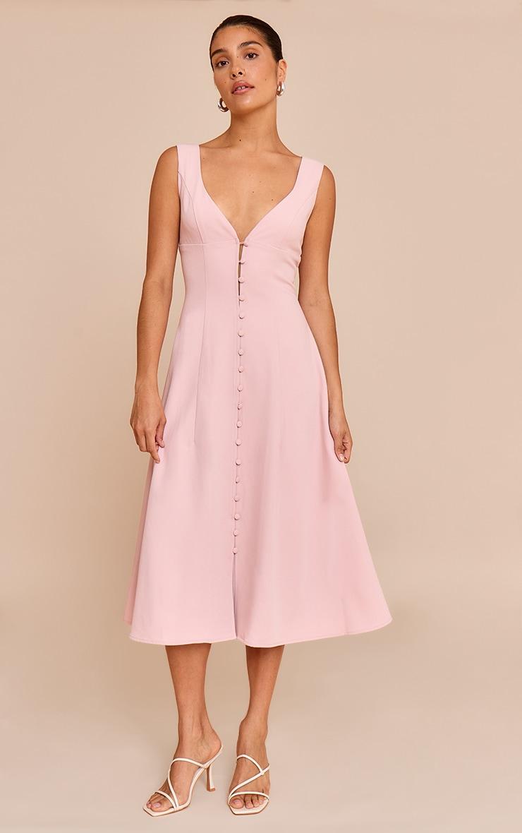 Petite Pale Rose Plunge Button Up Midi Dress Product Image