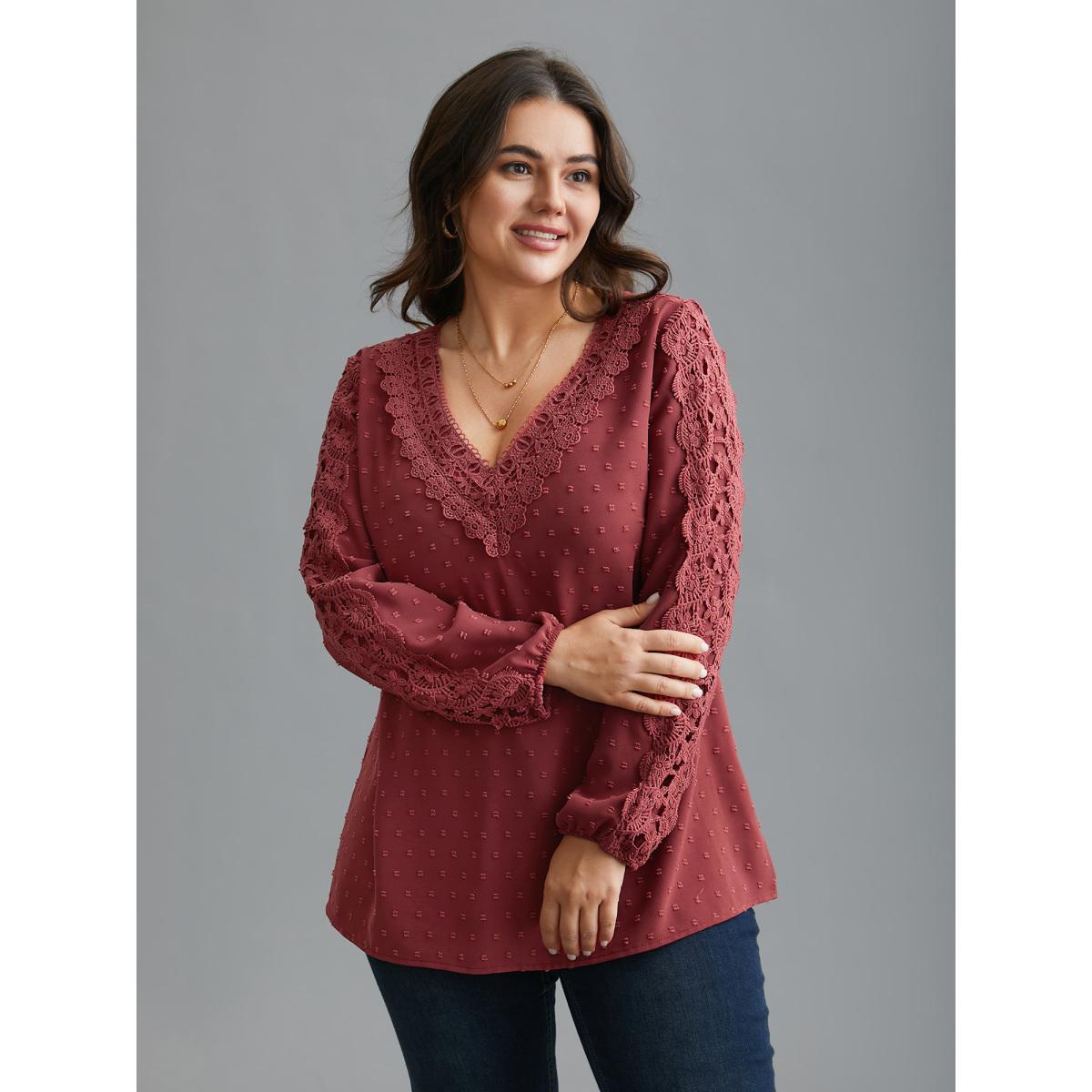 Plus Size Russet Lace Trim V-Neck Textured Blouse Women Elegant Long Sleeve V-neck Everyday Blouses BloomChic 18-20/2X Product Image