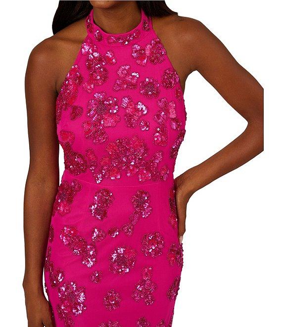 Adrianna Papell Beaded Mesh Halter Neck Sleeveless T-Back Column Dress Product Image
