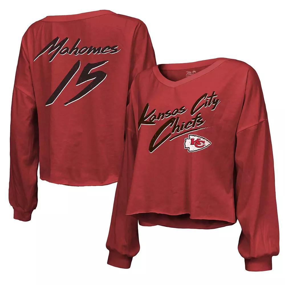 Women's Majestic Threads Patrick Mahomes Red Kansas City Chiefs Name & Number Off-Shoulder Script Cropped Long Sleeve V-Neck T-Shirt, Size: Medium Product Image