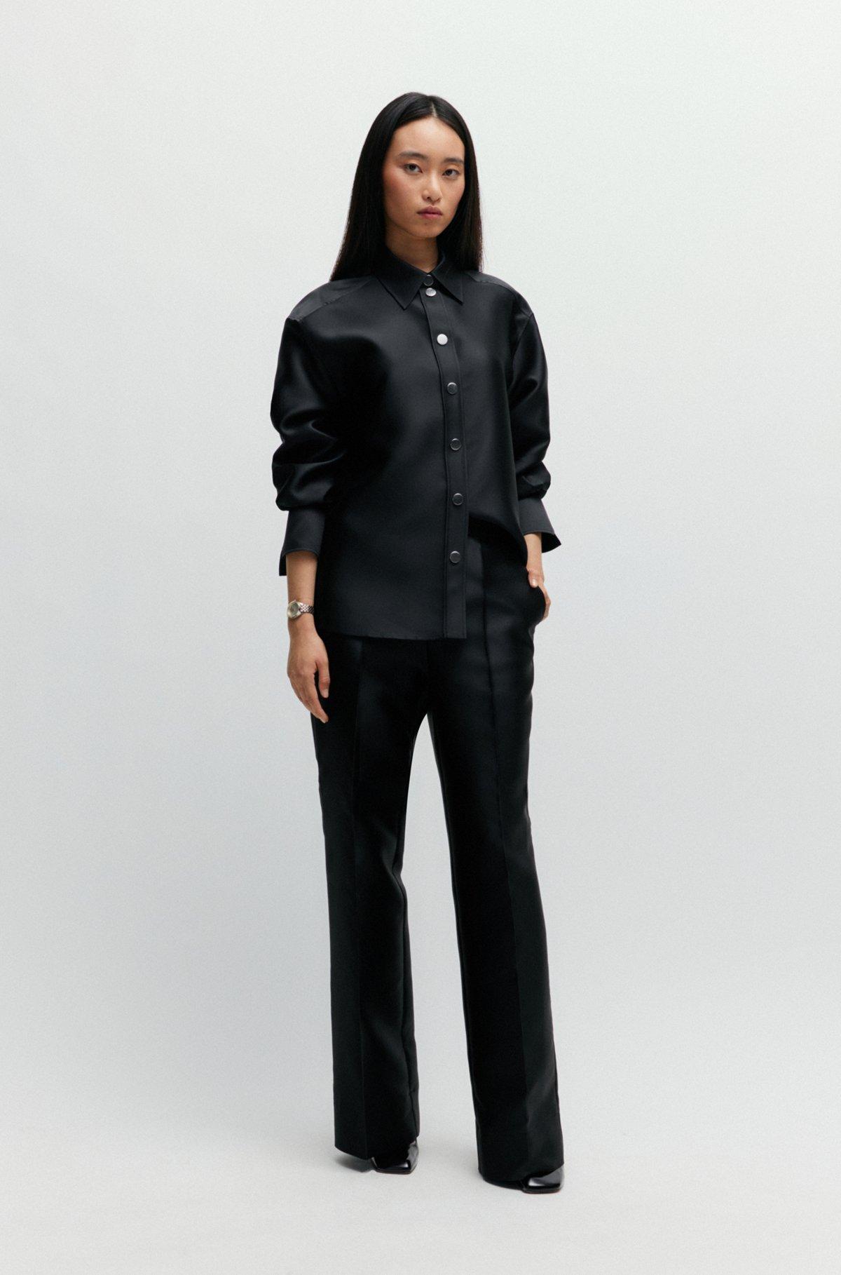 BOSS - Relaxed-fit trousers in satin with drawstring waist - Black Product Image