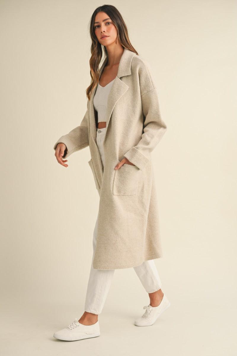 Collared Sweater Knit Long Jacket Product Image