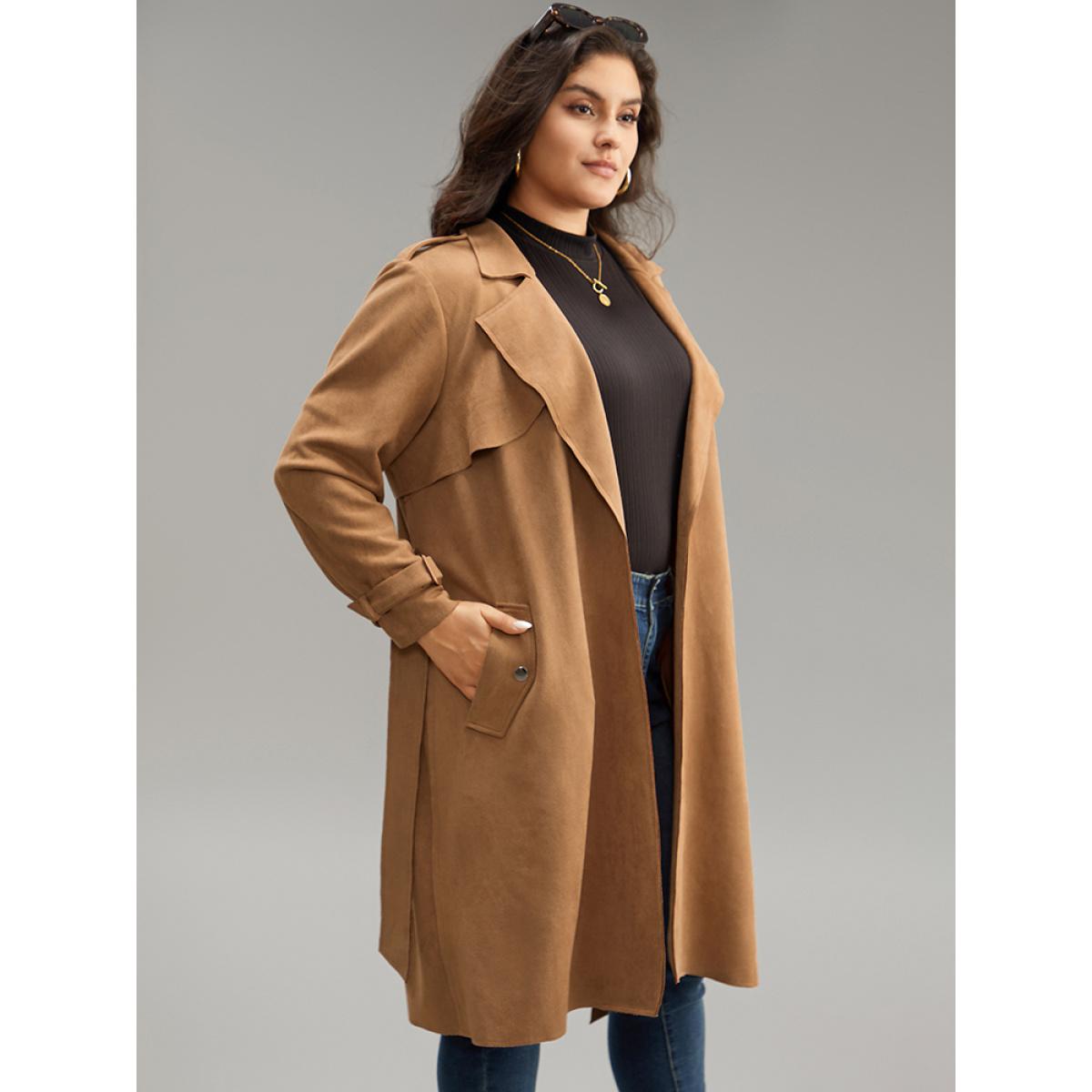 Plus Size Solid Button Detail Knot Belted Coat Women Chocolate Work From Home Plain Ladies Work Winter Coats BloomChic 18-20/2X Product Image