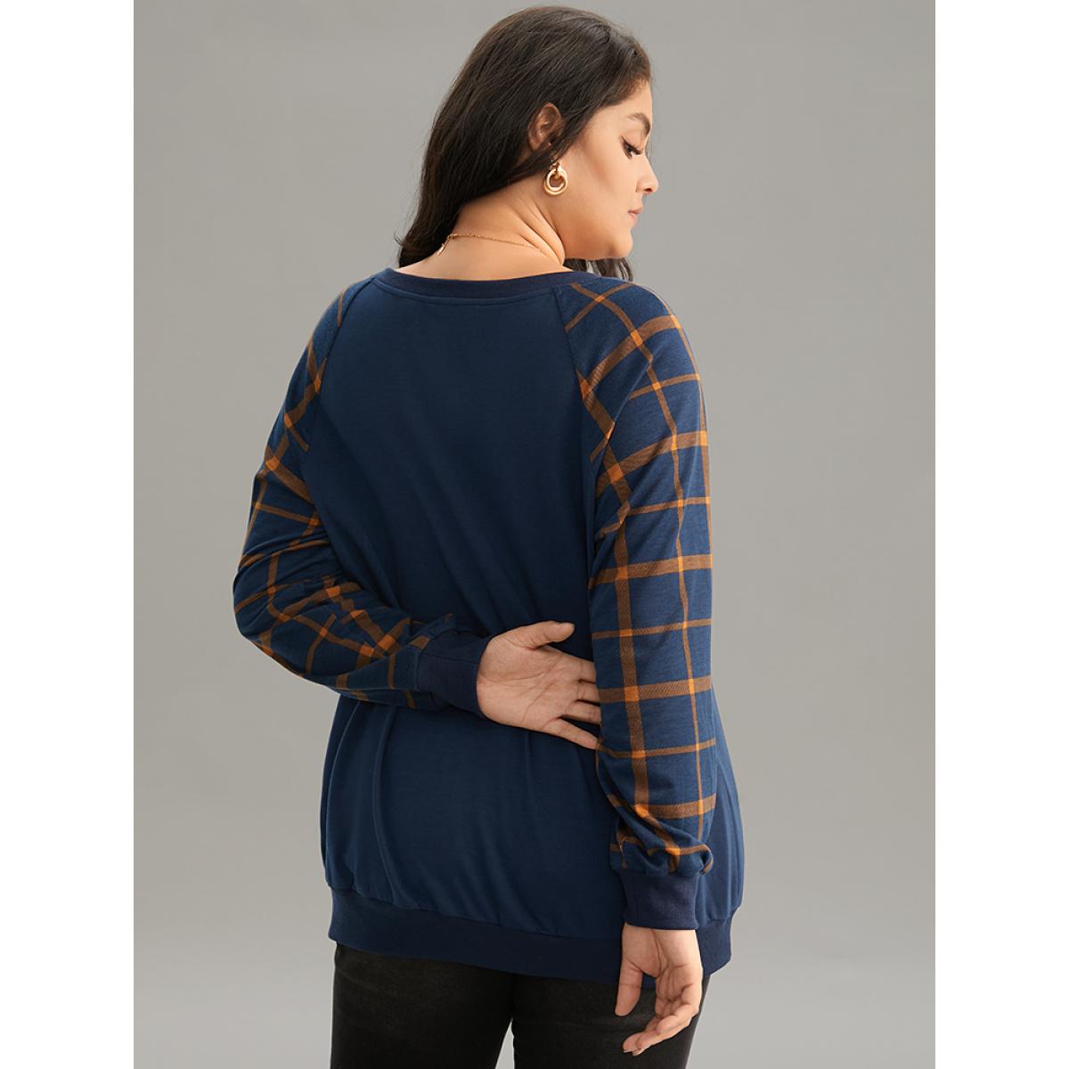 Plus Size Plaid Two Tone Patchwork Rib Knit Sweatshirt Women Indigo Elegant Rib Knit Round Neck Dailywear Sweatshirts BloomChic 14-16/1X Product Image