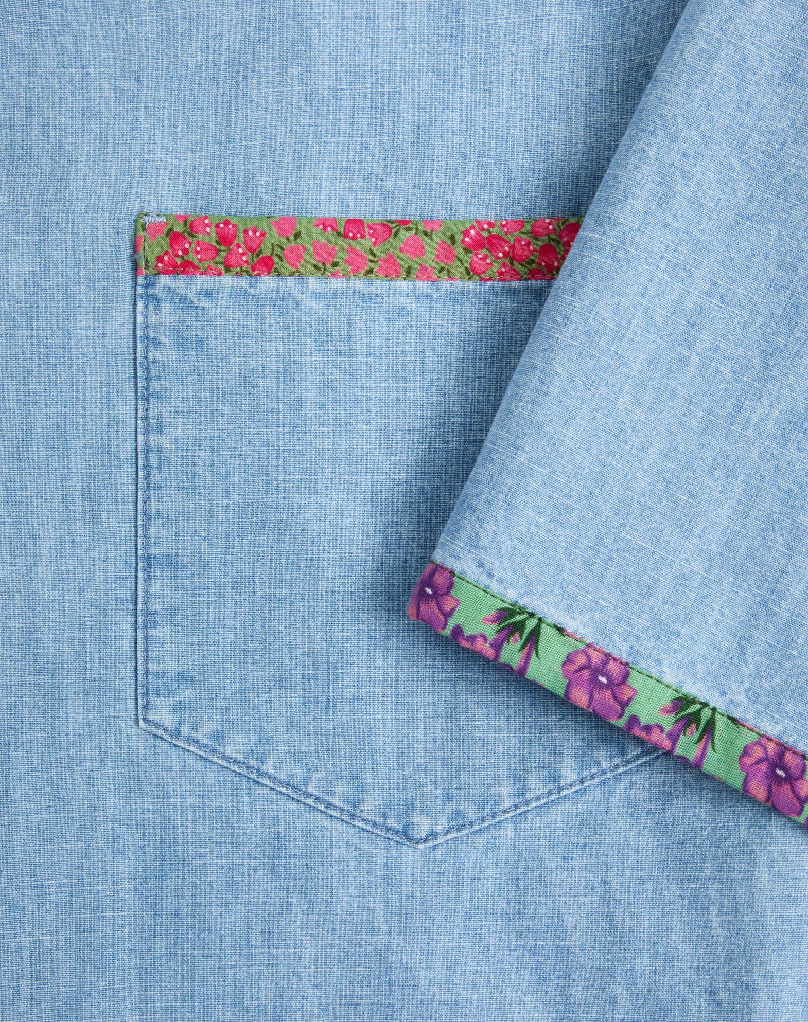 Denim Bowling Shirt With Floral Print Trim Product Image