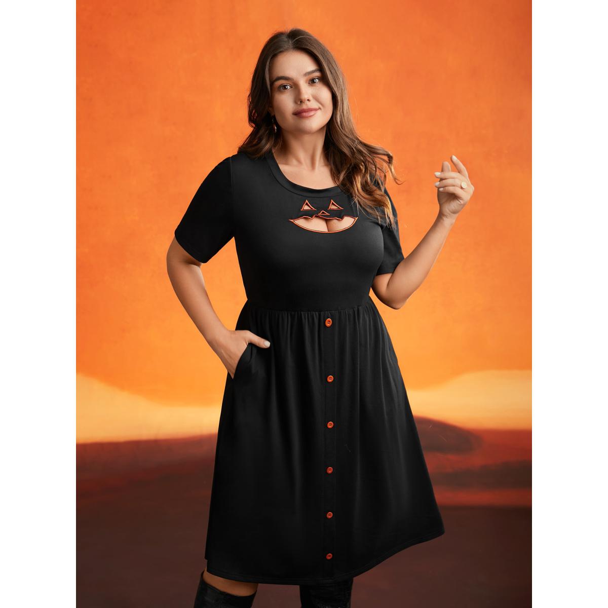 Plus Size Stretch Fabric Pumpkin Cut Out Midi Dress Black Women Playful Button Party Curvy Bloomchic 10/M Product Image