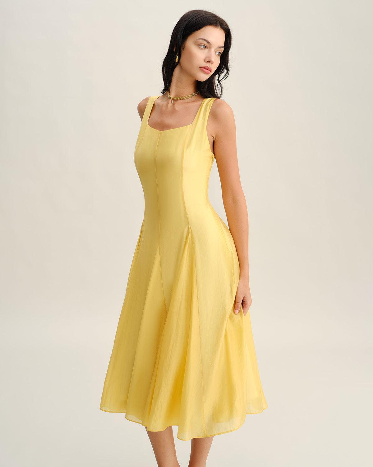 Yellow Square Neck Pleated Slip Midi Dress Product Image