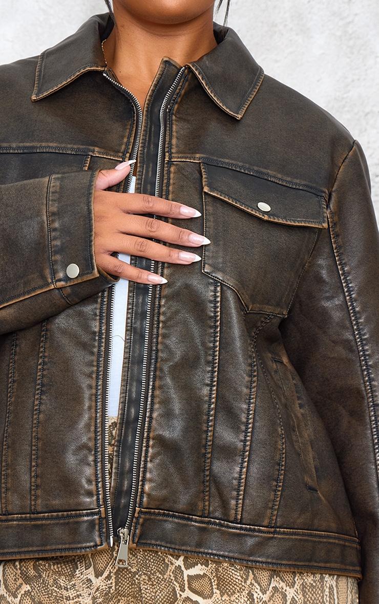 Plus Brown Washed Faux Leather Pocket Detail Bomber Jacket Product Image