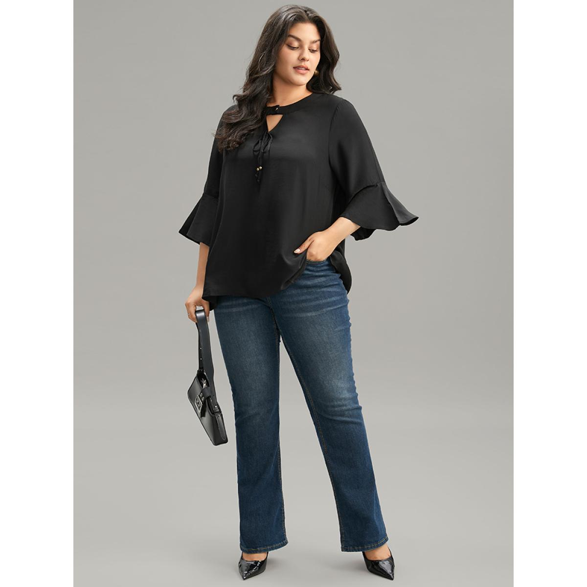 Plus Size Black Plain Ties Bell Sleeve Keyhole Button Up Blouse Women Office Elbow-length sleeve Keyhole Cut-Out Work Blouses BloomChic 28/5X Product Image